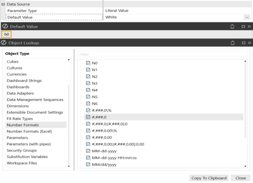 Object Lookup dialog with Parameters (with Pipes) example with a blue highlight over this object and search bar with def highlight in yellow.